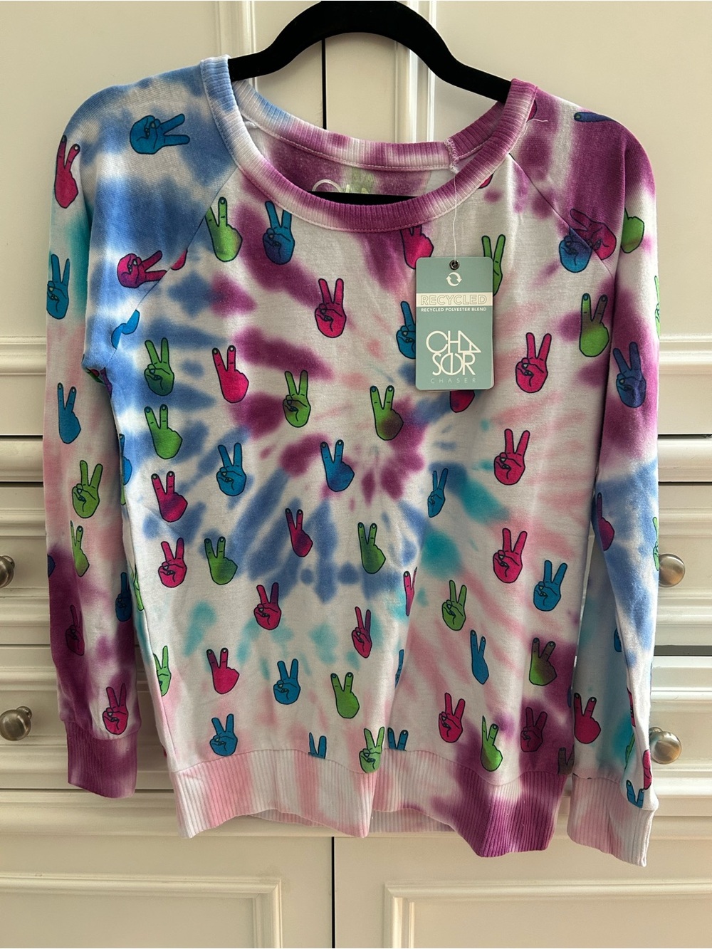 NWT Chaser Tie-Dye Peace Sign Long Sleeve Sweater - White Multi